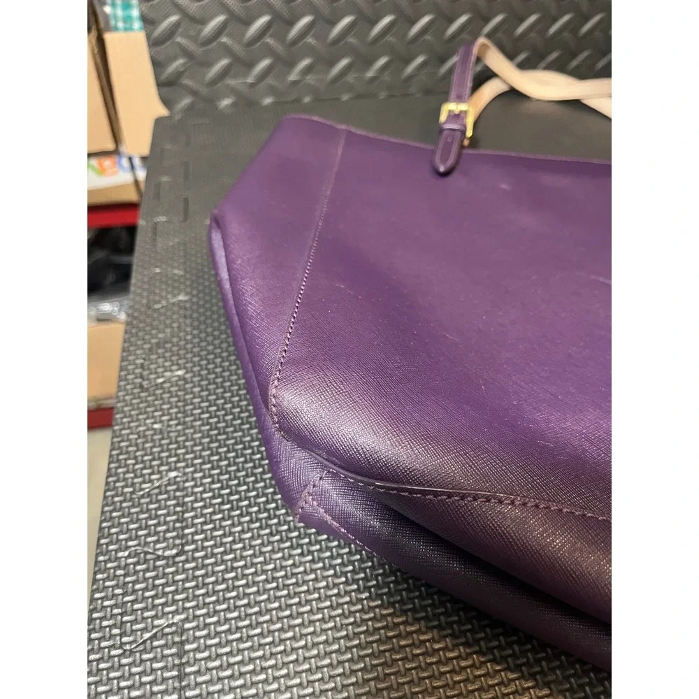 Tory Burch Buckle Tote Womens Large Purple Saffiano Leather Shoulder Bag